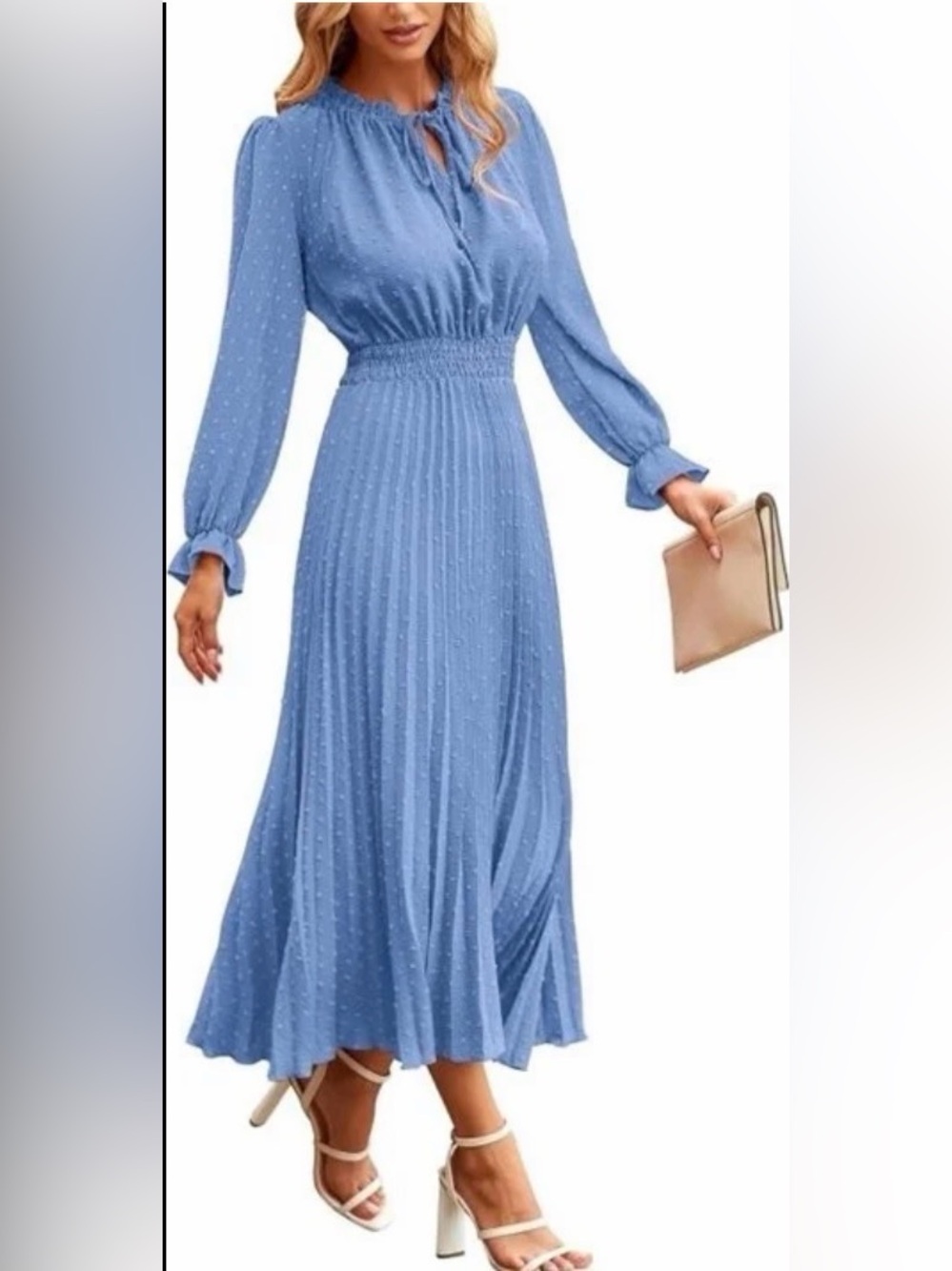 Sky Blue Long Sleeve Smocked Waist Midi Dress